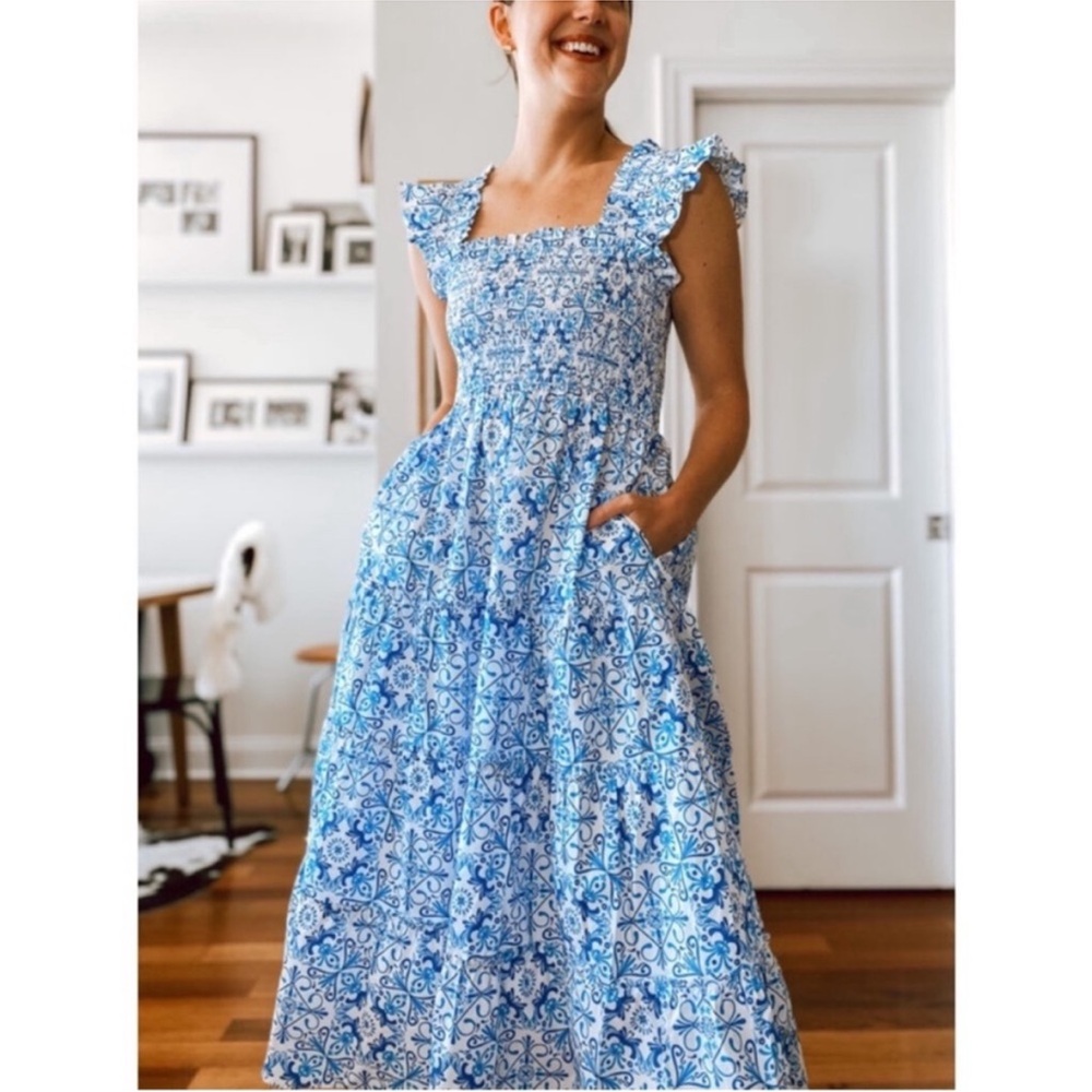 Hill House Blue and White Printed Midi Dress